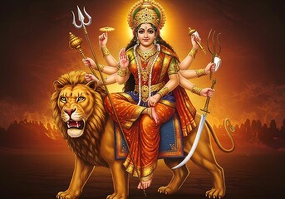 Maa Durga seated upon her lion — divine blessings